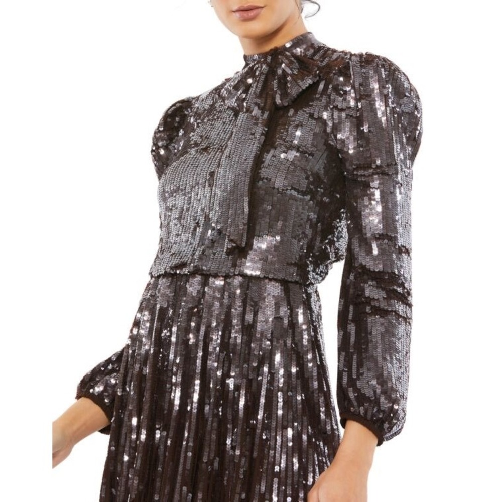 Mac Duggal 93642 Sequin Bow Shoulder Long Sleeve Midi cocktail Dress brown - Picture 4 of 16
